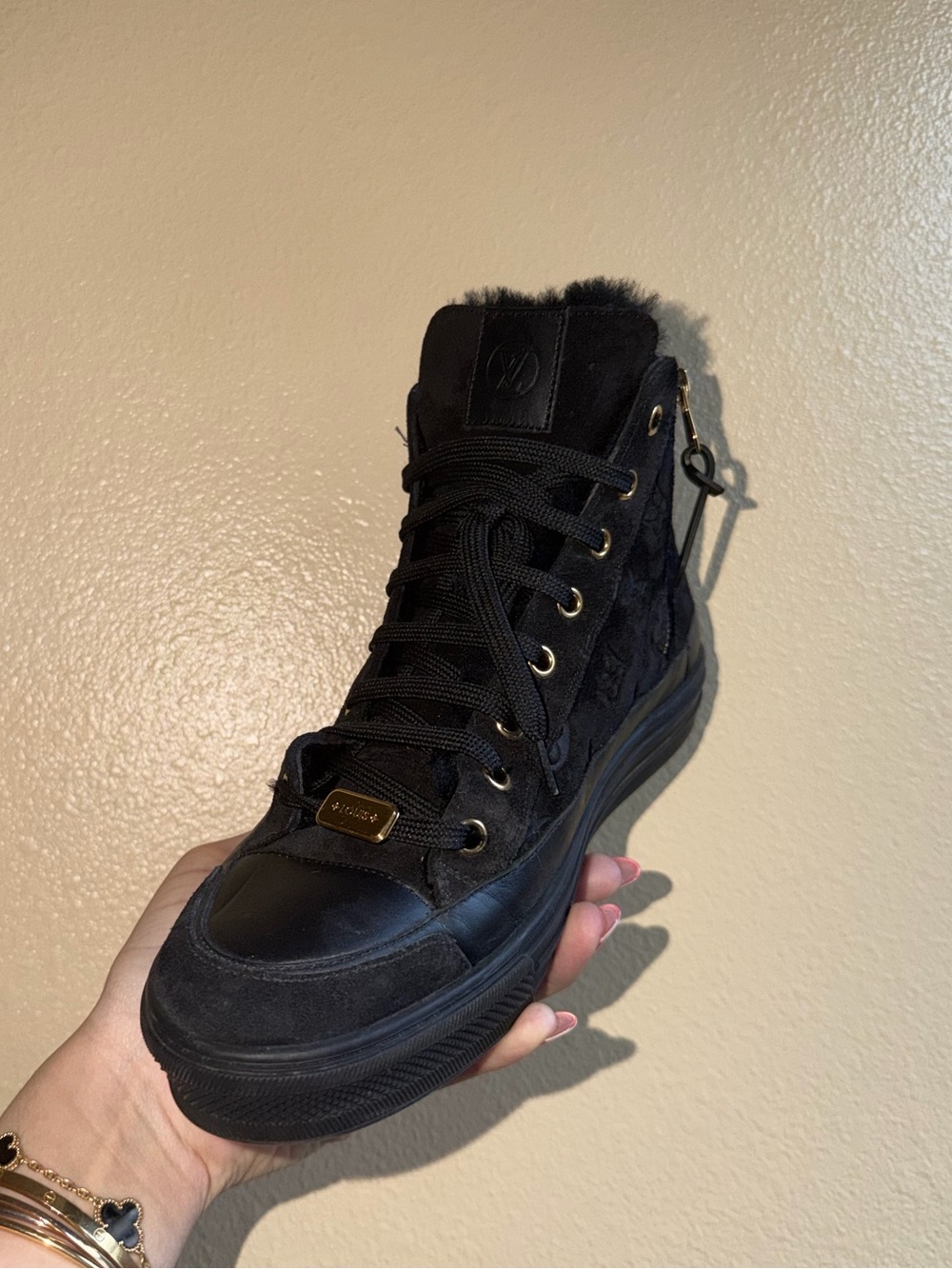 Louis Vuitton Black Suede Monogram High-Top Sneakers with Gold Hardware - Picture 2 of 7